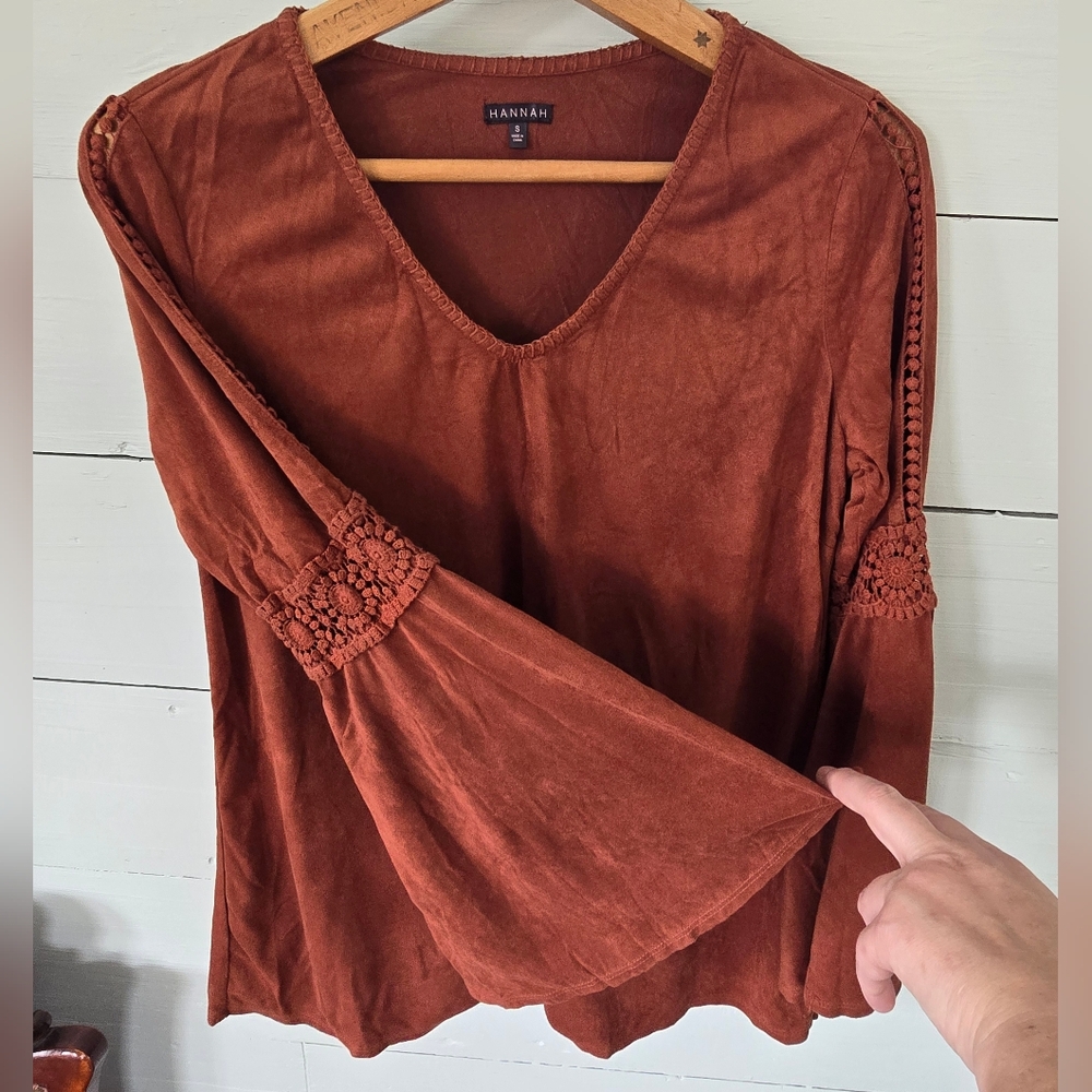 Hannah Women's Crochet Cutout  Faux Suede  Bell Sleeve Boho Hippie Tunic Top S